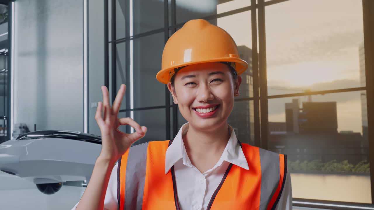 웃는 엔지니어가 현대 사무실에서 ok 신호를 주고