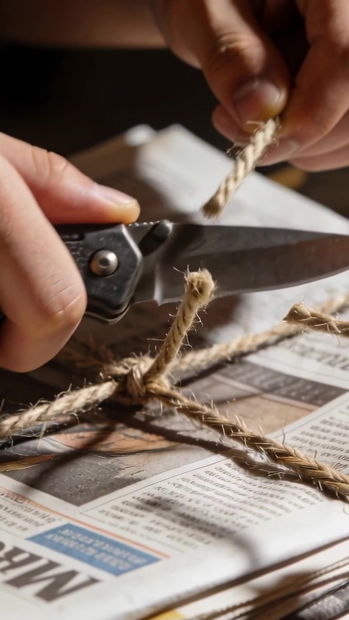 Video verticale: Posizionando il coltello, mani nude che tendono lo spago e tagliano la corda su un giornale