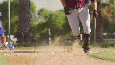 Television-footage-of--two-teams-of-diverse-male-baseball-players-on-baseball-field