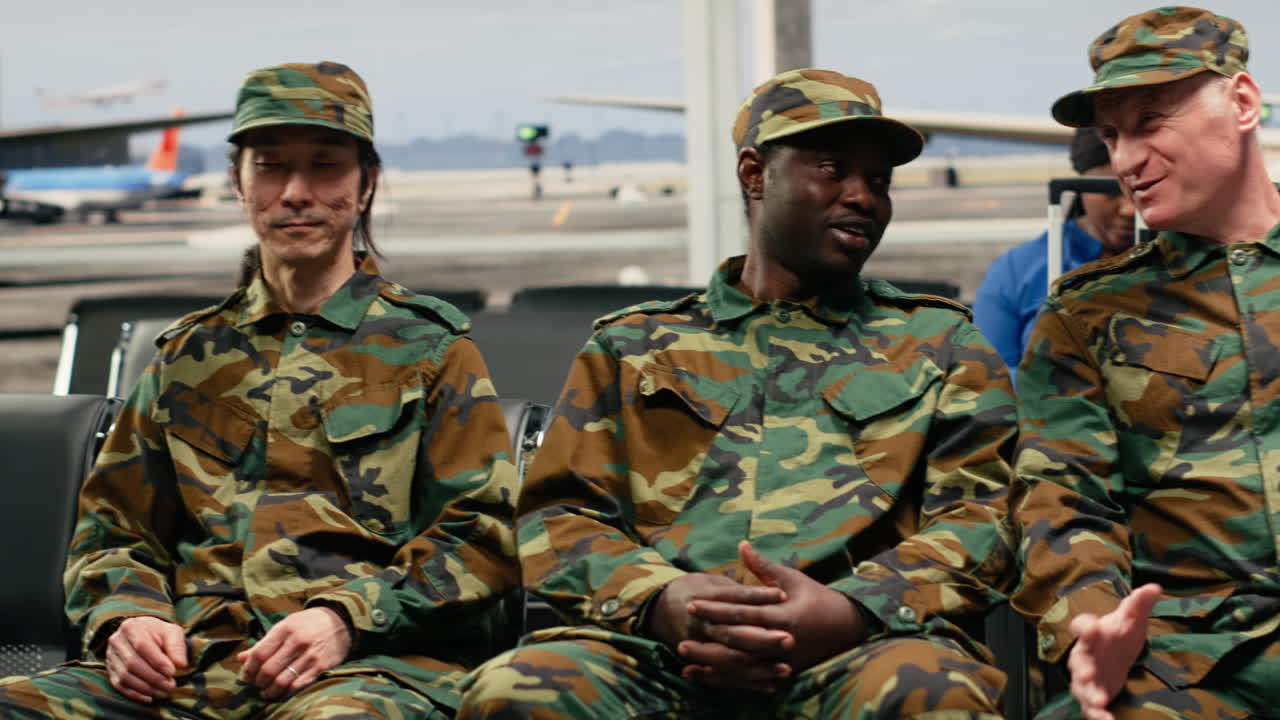 Voltando para casa, esquadrão do exército e homens navegando em terminal de aeroporto movimentado