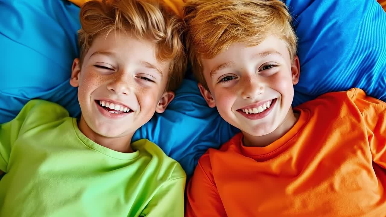 Due giovani ragazzi sdraiati su un letto che sorridono alla fotocamera