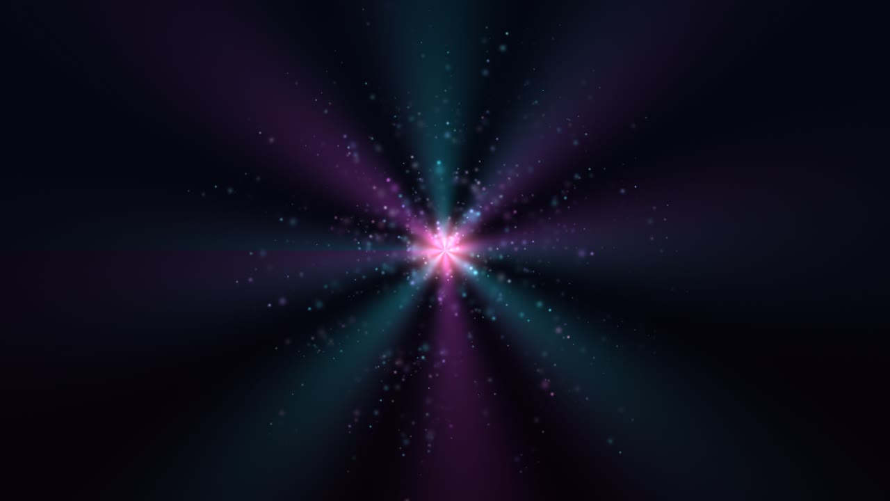 A radiant pink starburst with teal and purple rays radiates from a central point, surrounded by drifting particles and soft light blooms against a dark background