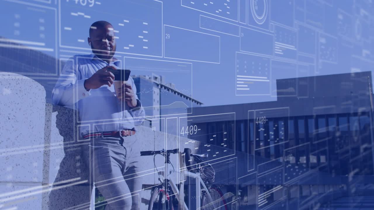 Professional man at office railing, tapping smartphone causing blue AR charts showing work metrics