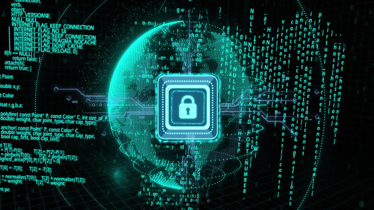 animación del icono del candado y procesamiento de datos en todo el mundo