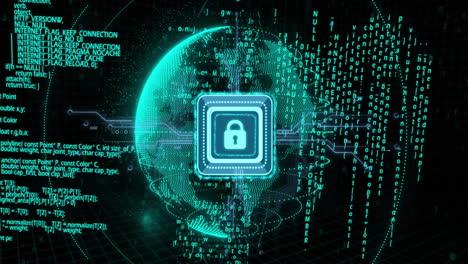 Animation of padlock icon and data processing over globe