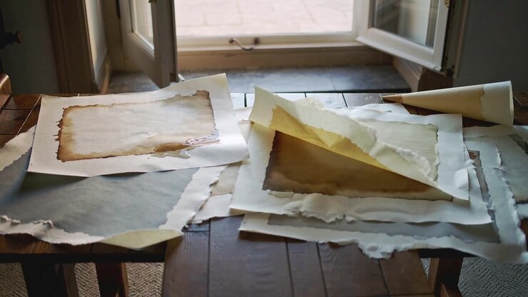 Breeze lifting torn-edge sheets on worn wooden table near open window, revealing brown ring stain