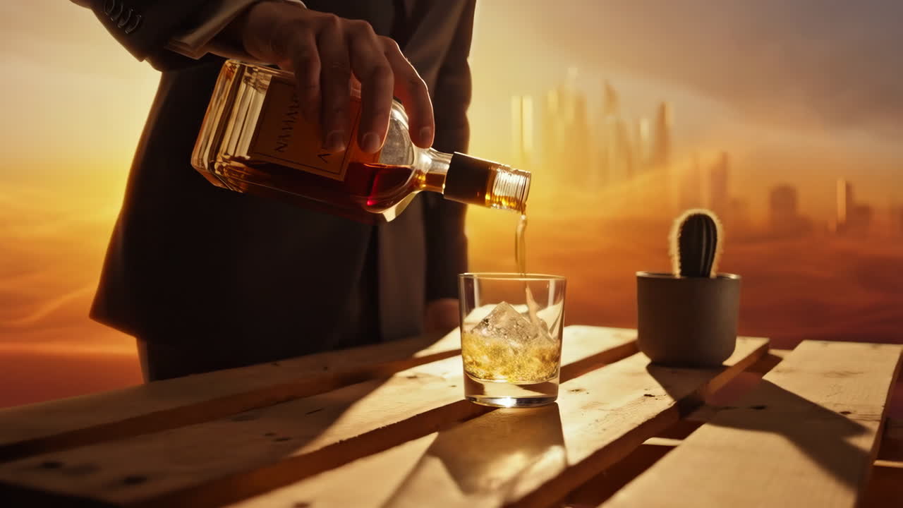 Man in Suit Pours Whiskey in Desert Setting with Futuristic City