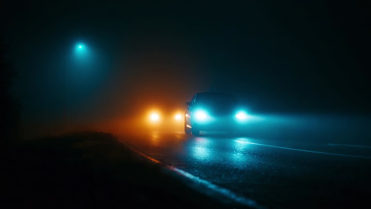 Mysterious Nighttime Journey: An Exploration of Vehicles Illuminating Foggy Roads with Brilliant Headlights and a Haunting Atmosphere, Capturing the Essence of Driving in Low Visibility Conditions