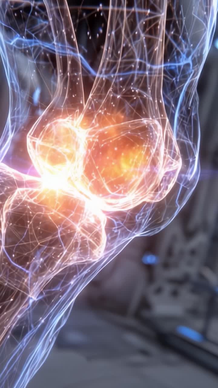 Dynamic Transformation of Human Knee Joint Structure Showcasing Intricate Nerve Activity and Energy Flow in a Stunning Visual Representation of Anatomy