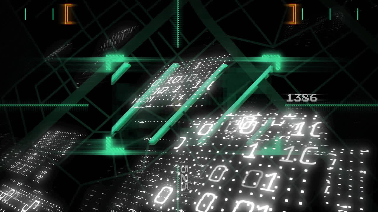 Binary code and digital data processing animation over geometric shapes and grids