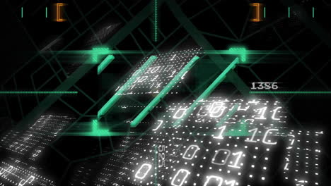 binary code and digital data processing animation over geometric shapes and grids