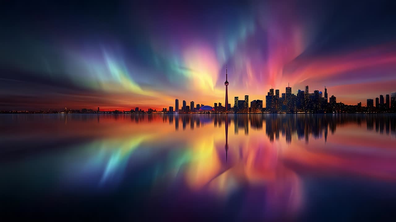 A Stunning Display of Colorful Lights Illuminates the City Skyline as Night Falls, Showcasing a Beautiful Reflection on the Water with Vibrant Shades of Purple, Green, and Pink in the Sky Above the Urban Landscape
