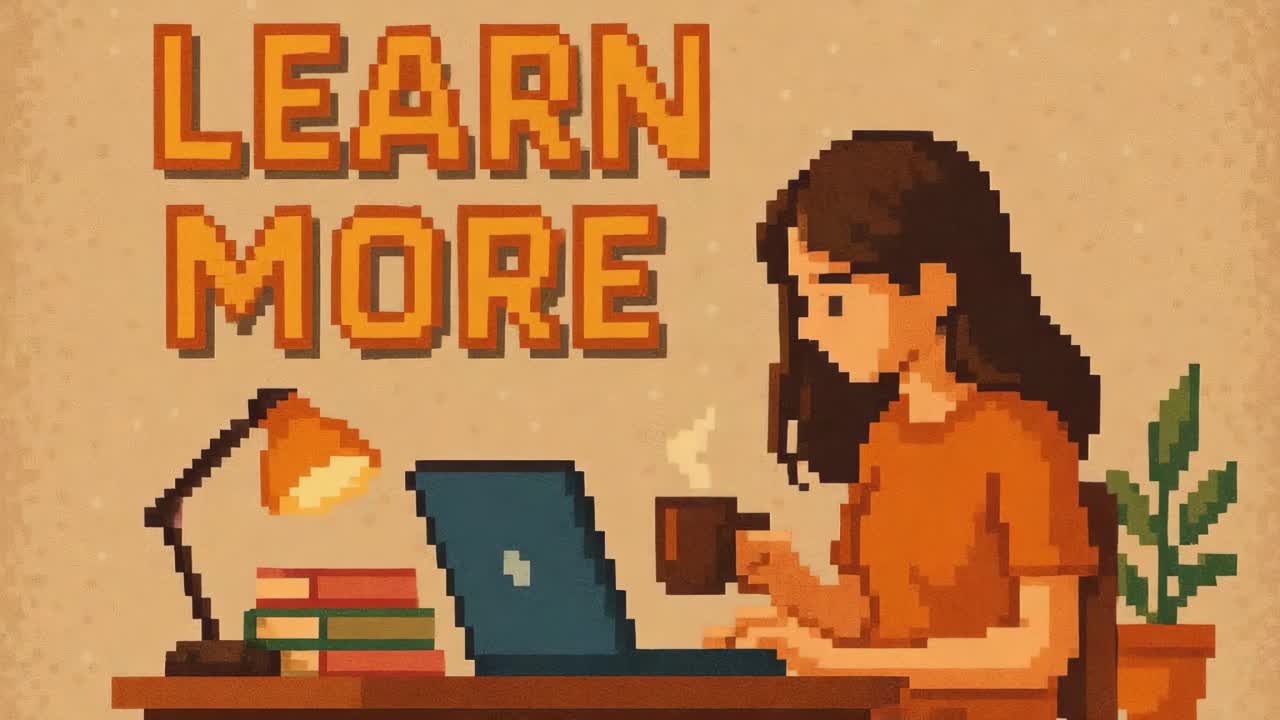 Pixel art illustration of a woman enjoying coffee while studying on a laptop, surrounded by books and a warm lamp, showcasing a cozy learning atmosphere