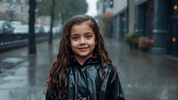 Standing child in glossy raincoat reacting to rain, smiling and tilting head on wet city sidewalk