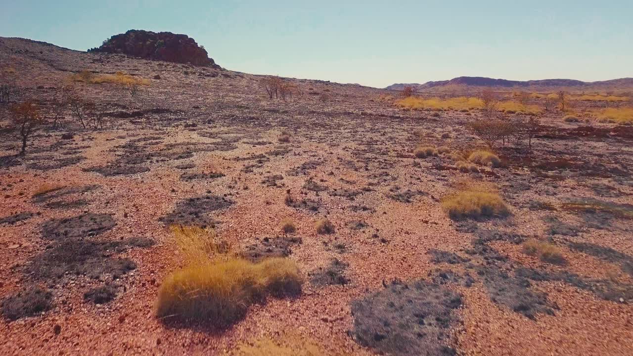 drone aéreo volando bajo sobre el vasto desierto australiano después de un incendio forestal