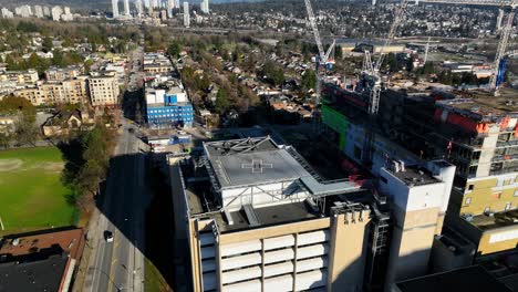 view from above of royal columbian hospital building under redevelopment in new westminster, canada