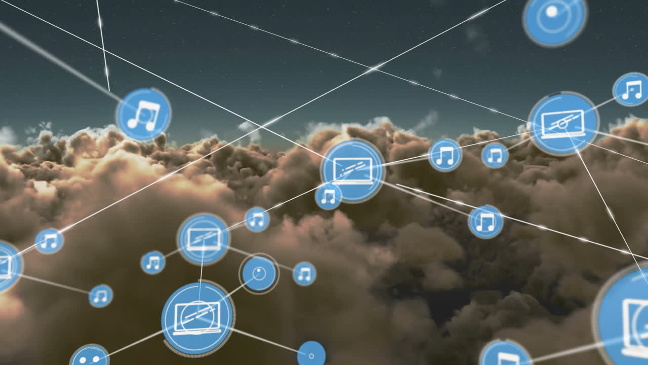 animación de la red de conexiones con iconos sobre el cielo con nubes