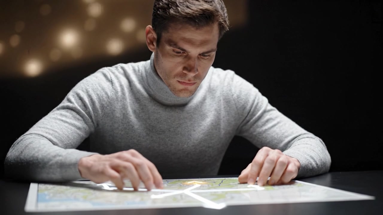 Focused Man Analyzing Map with Intensity in a Dimly Lit Environment, Engaging Deeply in Strategic Planning or Navigation Tasks Overlaid with Illuminated Lines