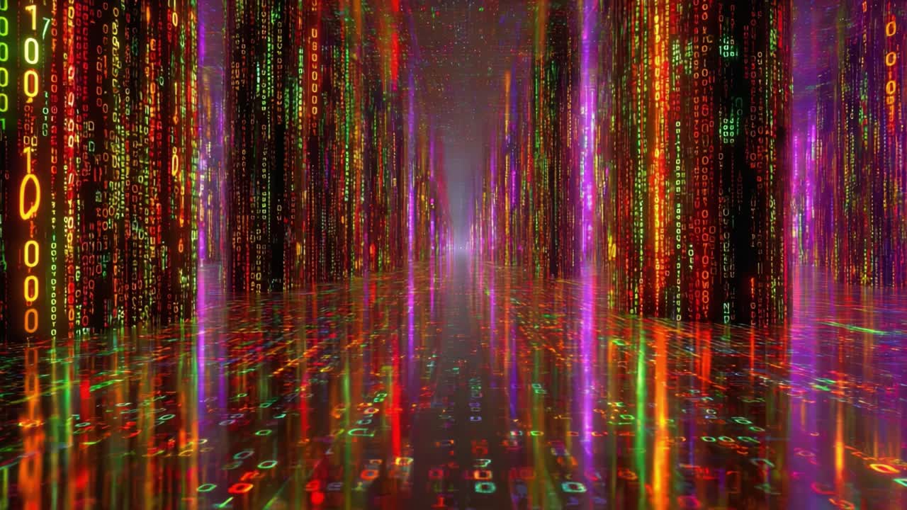 En futuristisk og levende digital korridor fyldt med glimtende binære kodestrømme, der reflekterer lys i en farverig matrixindstilling