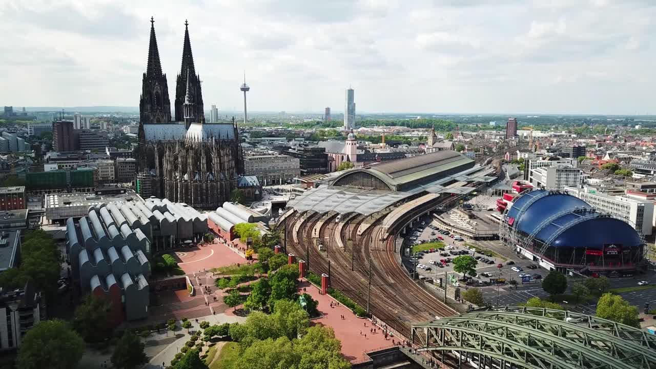 Bird's-eye view of Cologne down town, the cathedral, the railway and the main train station, (Köln), Germany.