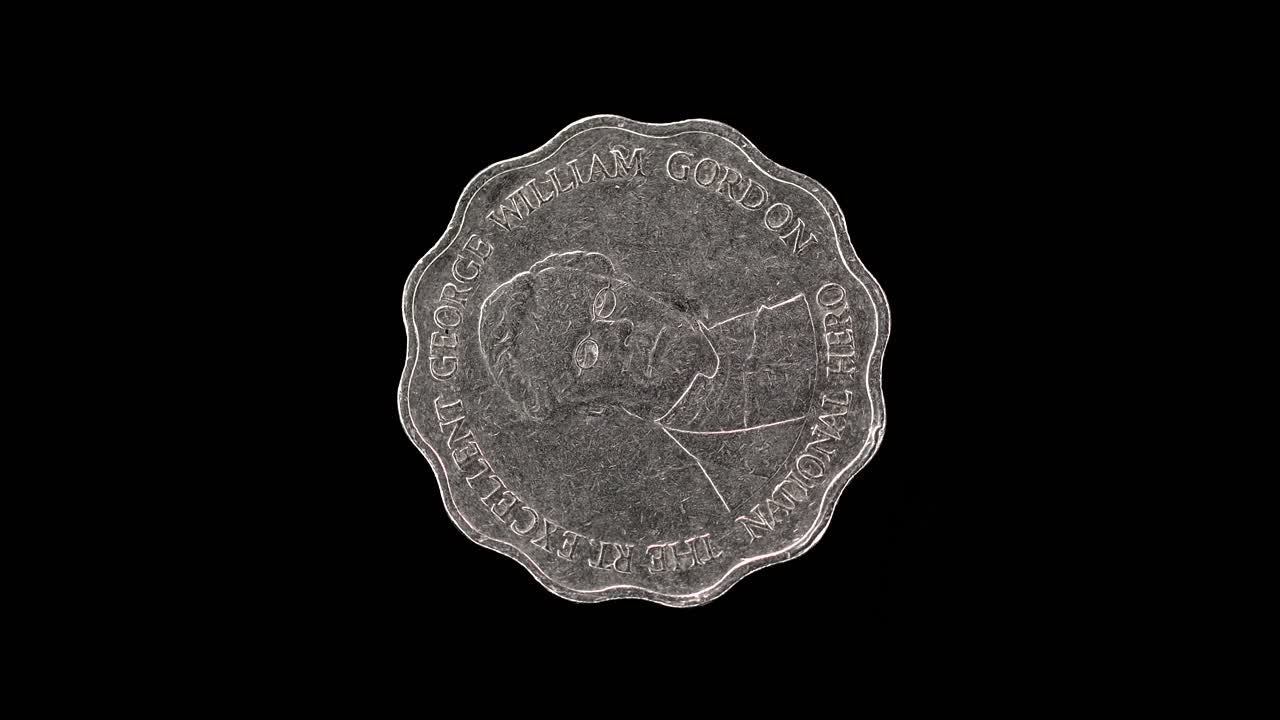 Jamaica 1999 10 dollars coin reverse with George William Gordon rotating on black background