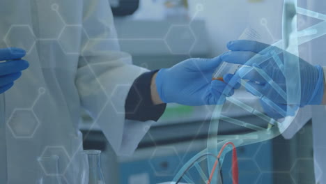 animación del procesamiento de datos científicos y cadena de adn sobre científicos en el laboratorio