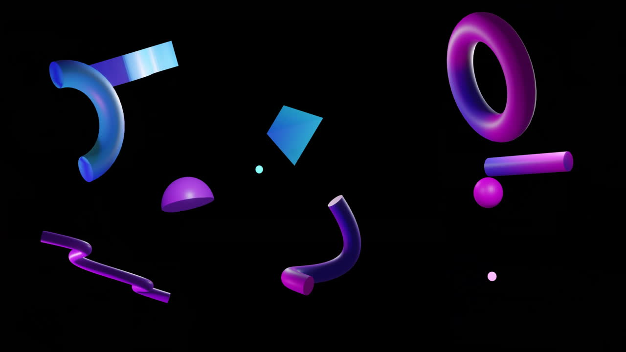 Animation of 3d purple and blue shapes rotating over purple clouds on black background