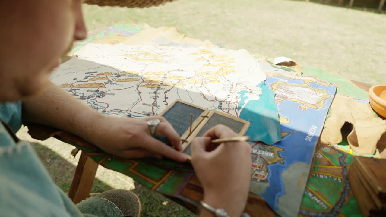 An over-the-shoulder shot of a person in Roman costume studying historical maps. They use a stylus to take notes or make calculations on a traditional wax tablet