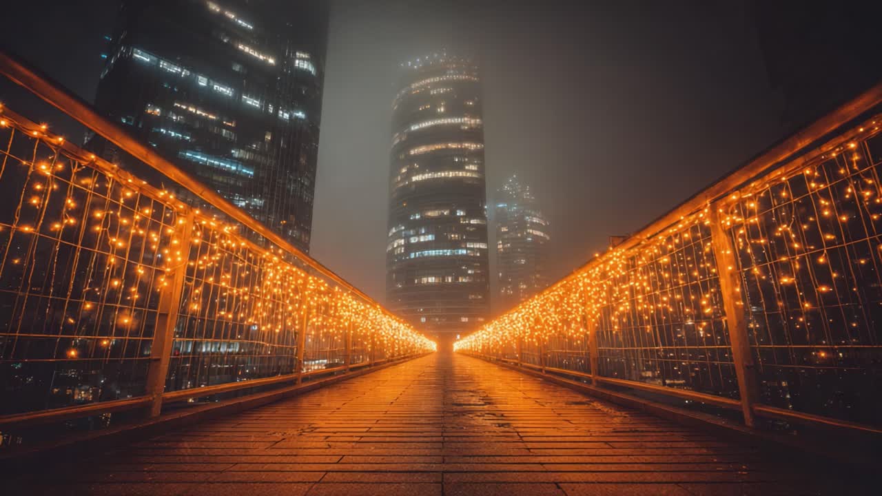 A Breathtaking Nighttime Scene of a Bridge Adorned with Glowing Lights and Enveloped in Fog, Surrounded by Tall Skyscrapers, Creating an Enchanting Urban Atmosphere