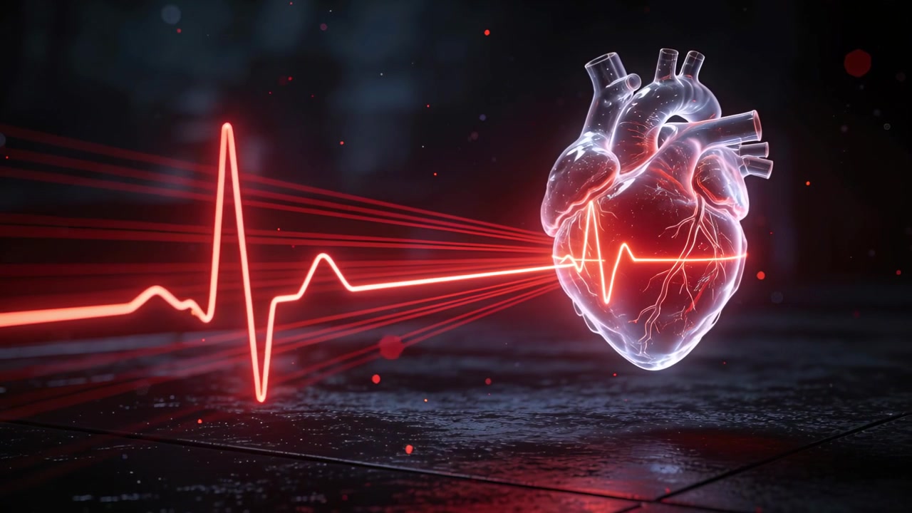 Pulsing translucent heart responding to ECG waveform on dark floor with laser beams, copy space