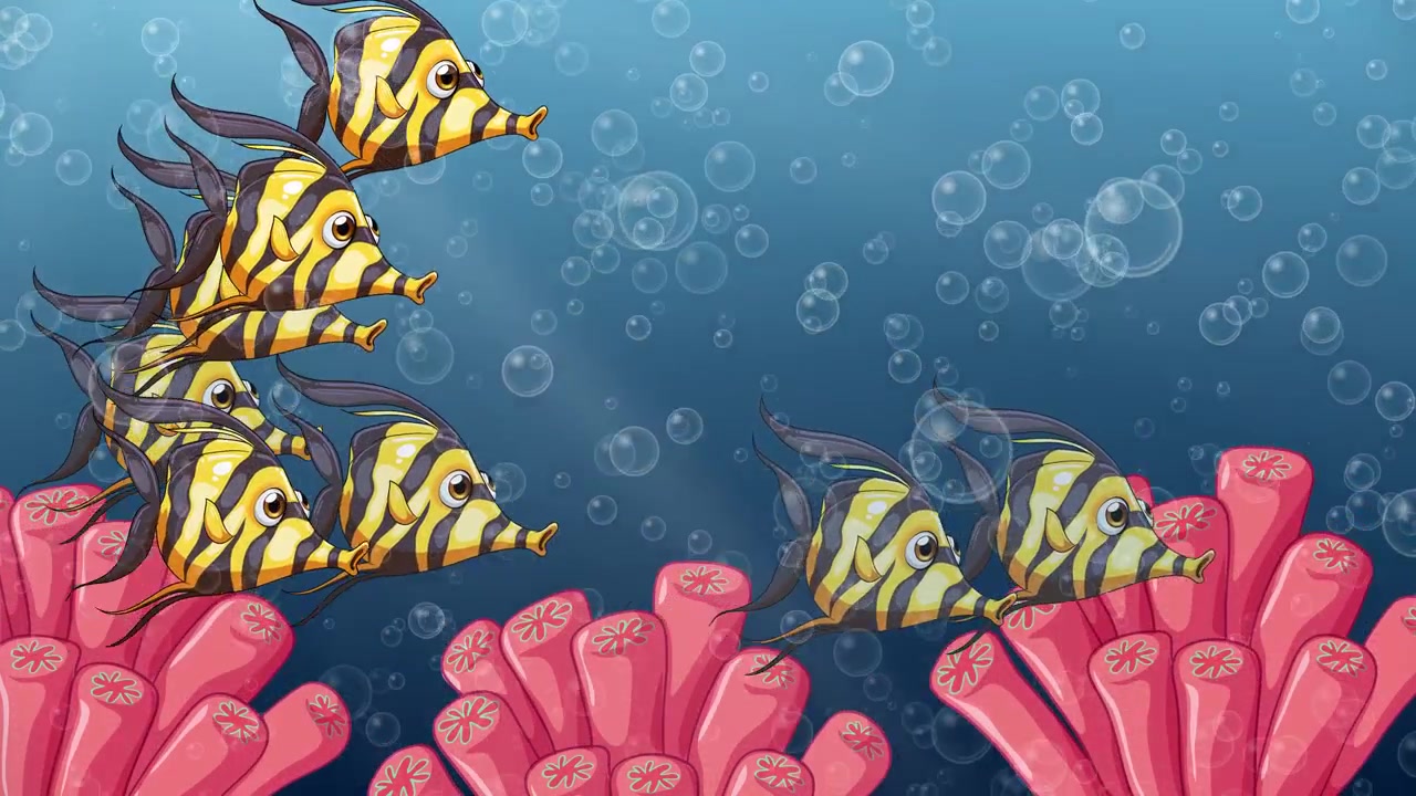 Cartoon yellow striped fish swim across a blue ocean background with bubbles and pink coral.