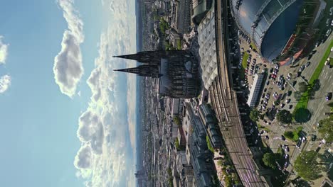 Vertical-footage-of-the-majestic-Cologne-Cathedral-and-surrounding-area