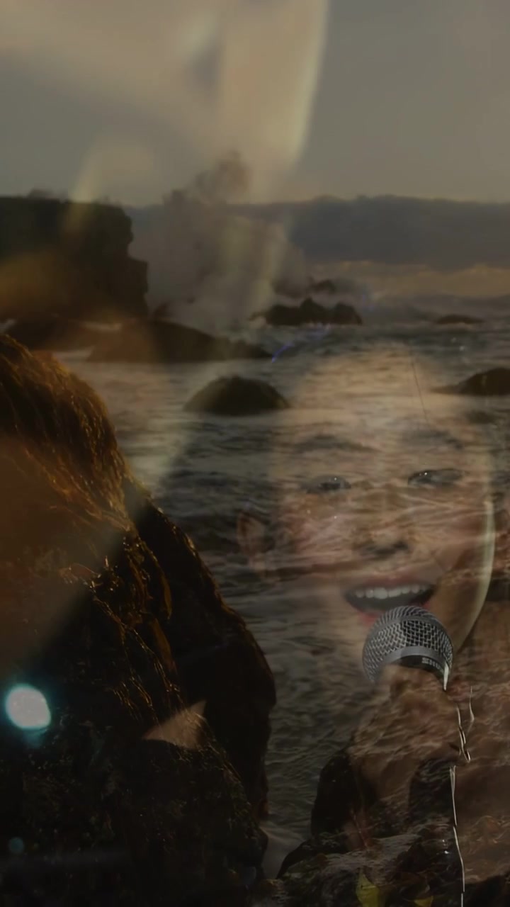 Vertical video: Singer starting music, moving mic, seascape through silhouette evoking coastal mood