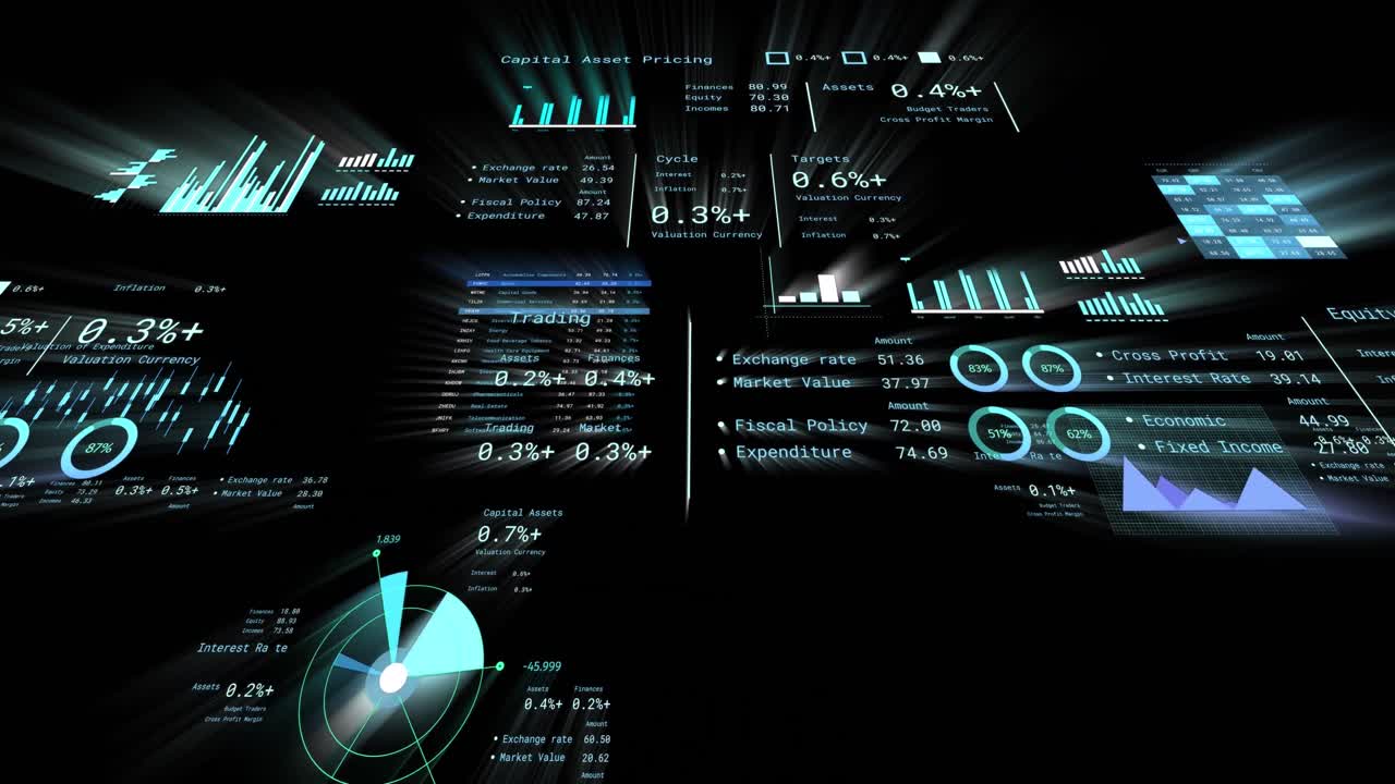 Animation of financial data processing with numbers over black background