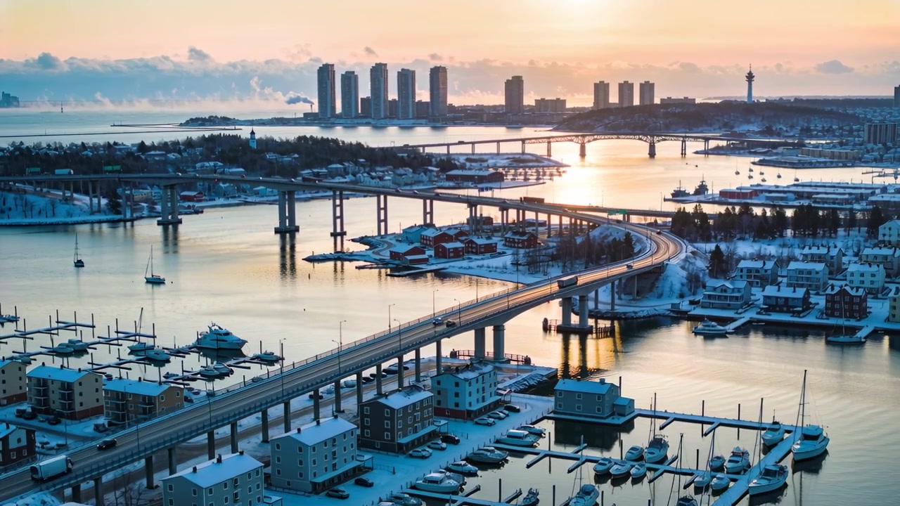 Drone in panoramica che cattura un ponte curvo con auto su un porto calmo per cogliere i riflessi dell'alba.