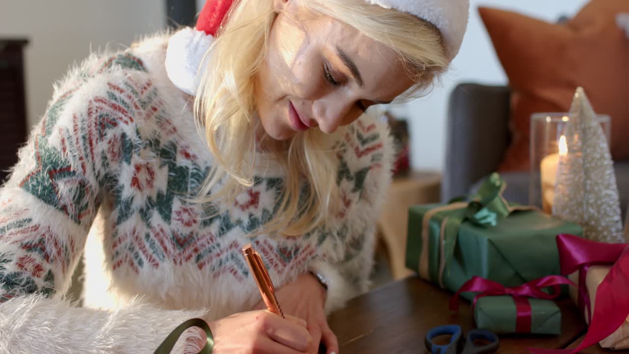 Donna con un maglione che tira un’etichetta a un tavolo, scrivendo nomi su regali verdi, preparando regali per le feste