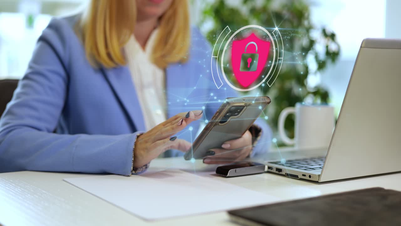 Cyber security breach on a business womans phone, Enhanced with a 3D lock icon