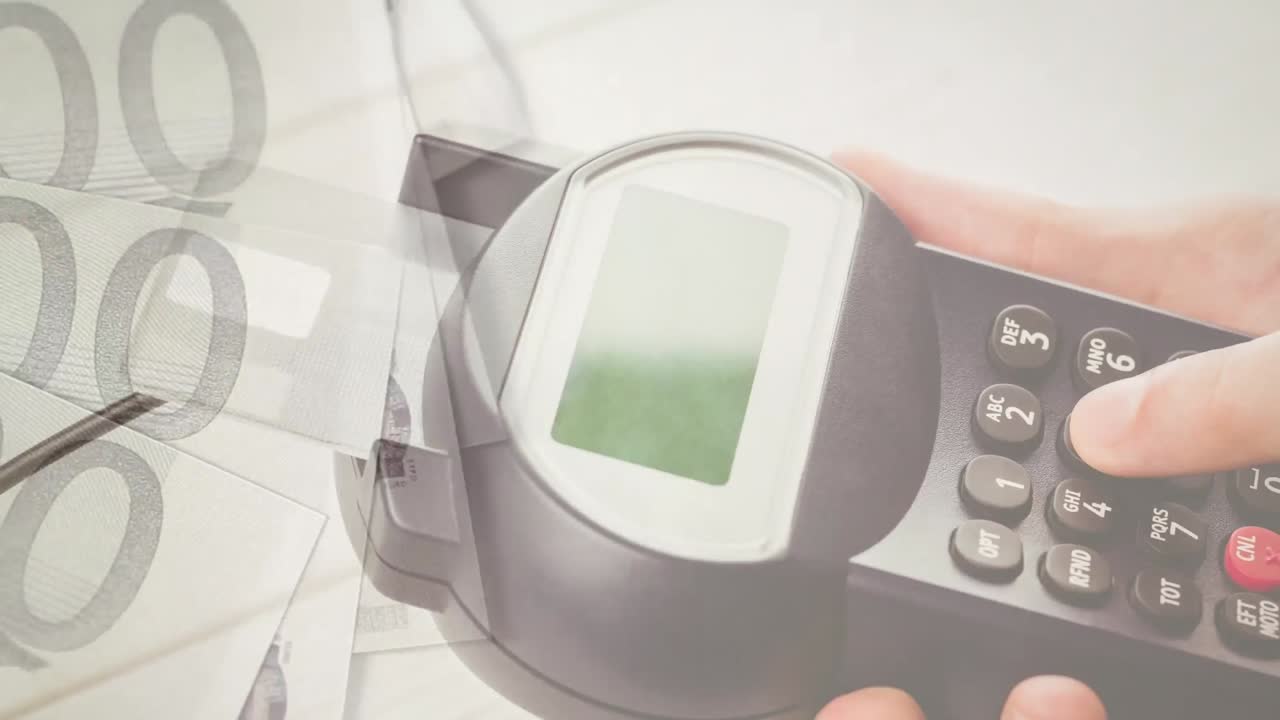 유로 지폐가 결제 터미널을 들고 있는 백인 남자의 손에서 떨어지는 애니메이션