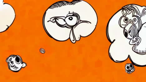 whimsical black and white cartoon doodles on orange background