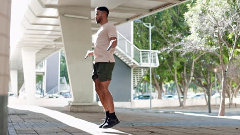 man, skipping rope and exercise outdoor in city