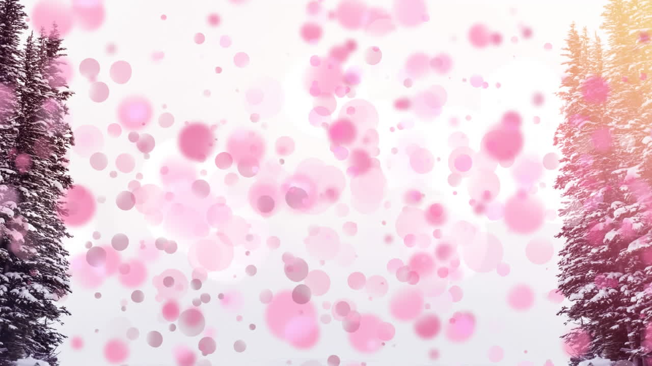 나무와 함께 눈 풍경에 대해 움직이는 빛의 분홍색 반점의 디지털 구성