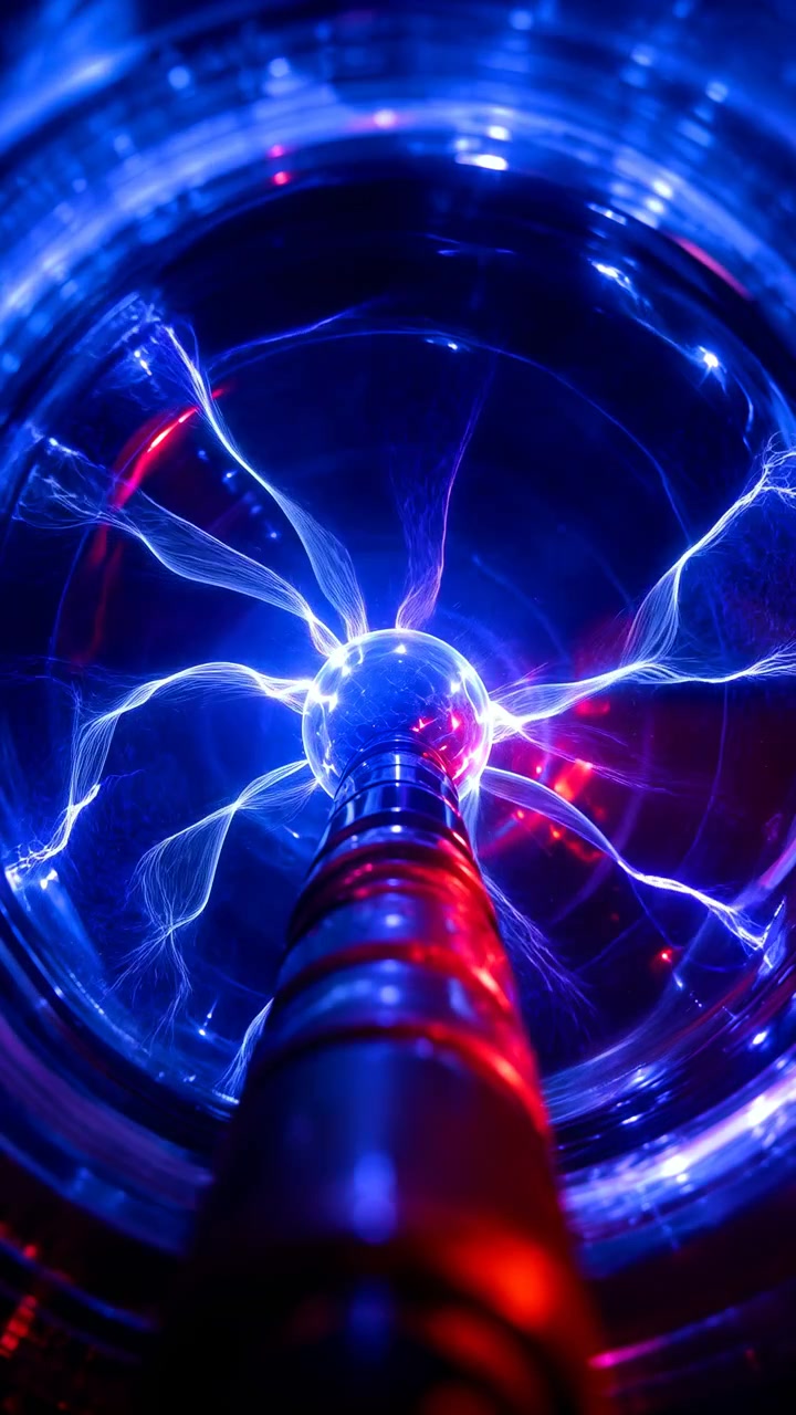 Vista dal basso verso l'alto verso il nucleo luminoso di una sfera al plasma, dove filamenti elettrici ramificati si diffondono attraverso il vetro, si riflettono sull'elettrodo metallico e creano un vivido bagliore blu magenta nell'oscurità