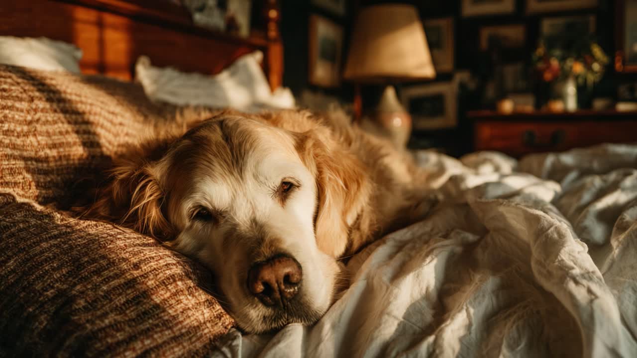 A Golden Retriever Relaxing on a Cozy Bed, Bathed in Warm Light, Portraying Serenity and Comfort in a Homey Atmosphere