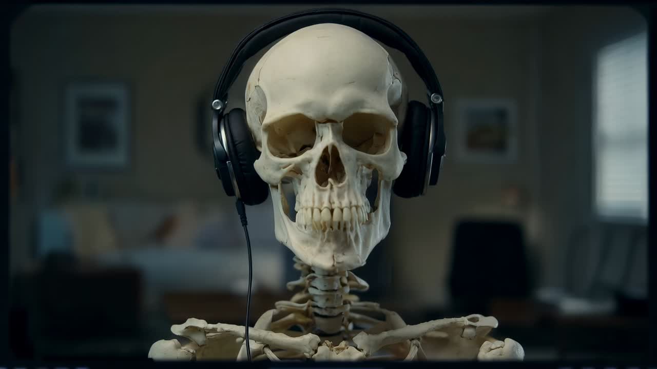 Et skelet i naturlig størrelse drejer og vipper med hovedet i et soveværelse, efter at musikken er startet, med høretelefoner