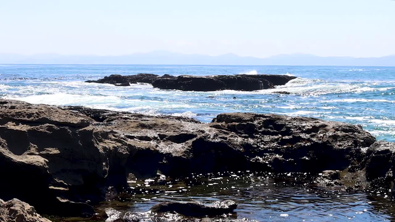 캐나다의 포트 렌프루 근처에서 멀리서 볼 수 있는 샤스타 산과 함께 큰 물결과 파도가