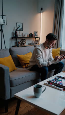 a smiling man uses his smartphone while relaxing on a couch at home