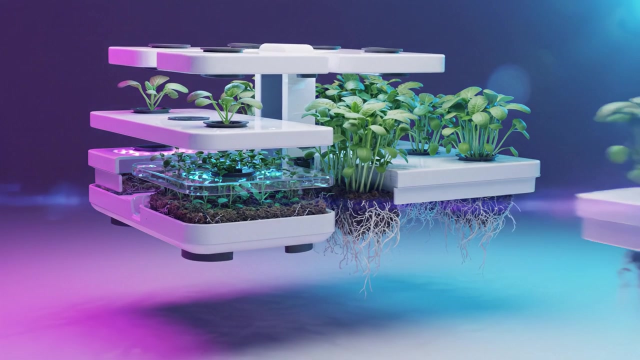 Innovativo sistema di coltivazione idroponica con design a più strati per una crescita efficiente delle piante, con illuminazione LED integrata e tecnologia di esposizione delle radici