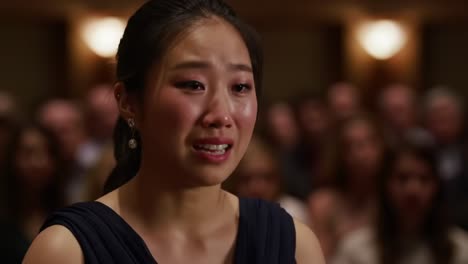 an emotional performance: a young woman expresses deep feelings through tears during a moving event amidst a captivated audience