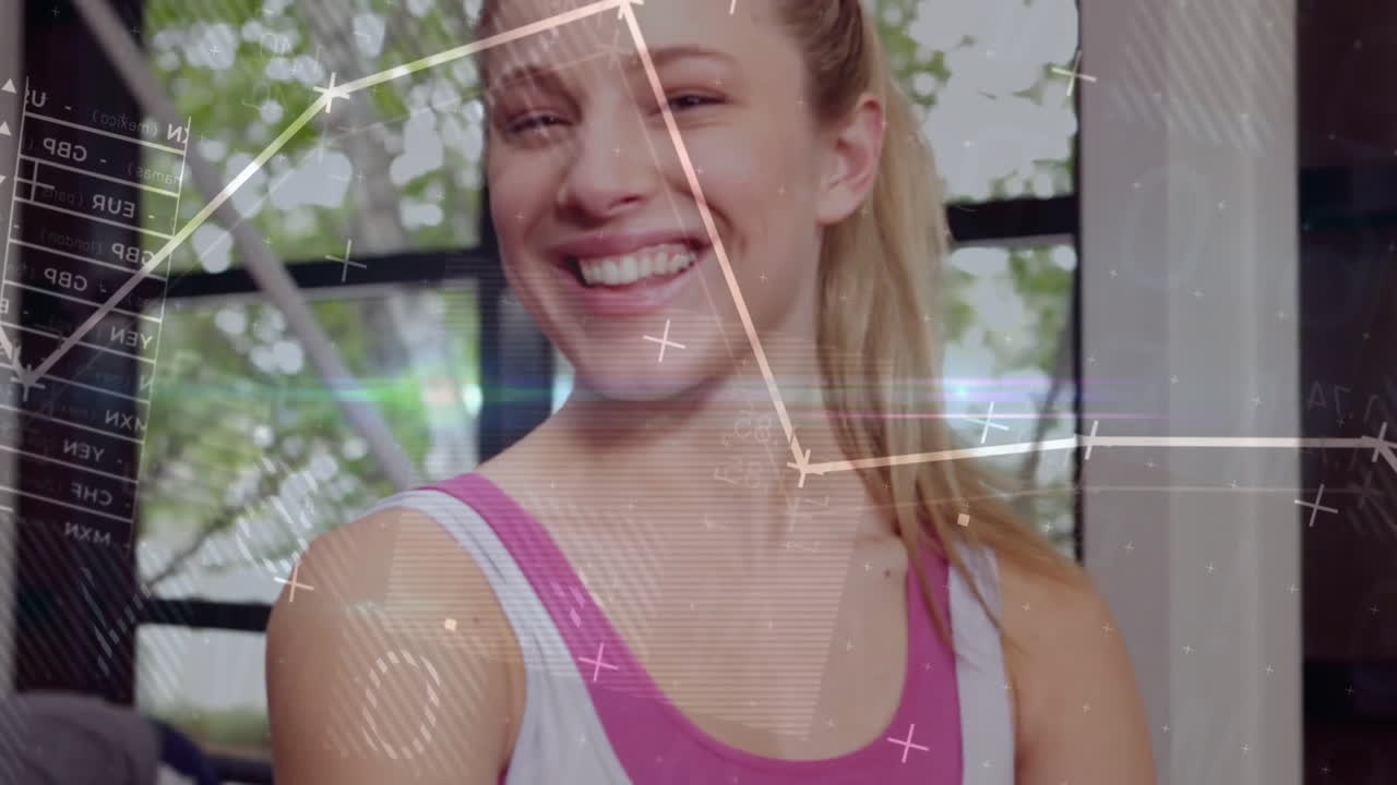 체육관에서 백인 여성에 대한 금융 데이터 처리의 애니메이션