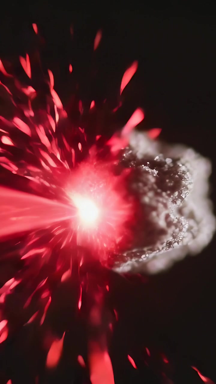 Video verticale: Ricevendo un raggio rosso da sinistra, uno strano oggetto in fase di test in laboratorio si illumina ed emette scintille